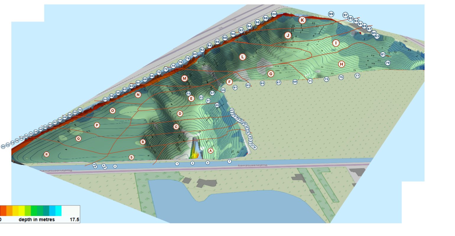 De 3D-dieptescan van de Plas van der Ende met de stekken en zones uit de app eroverheen