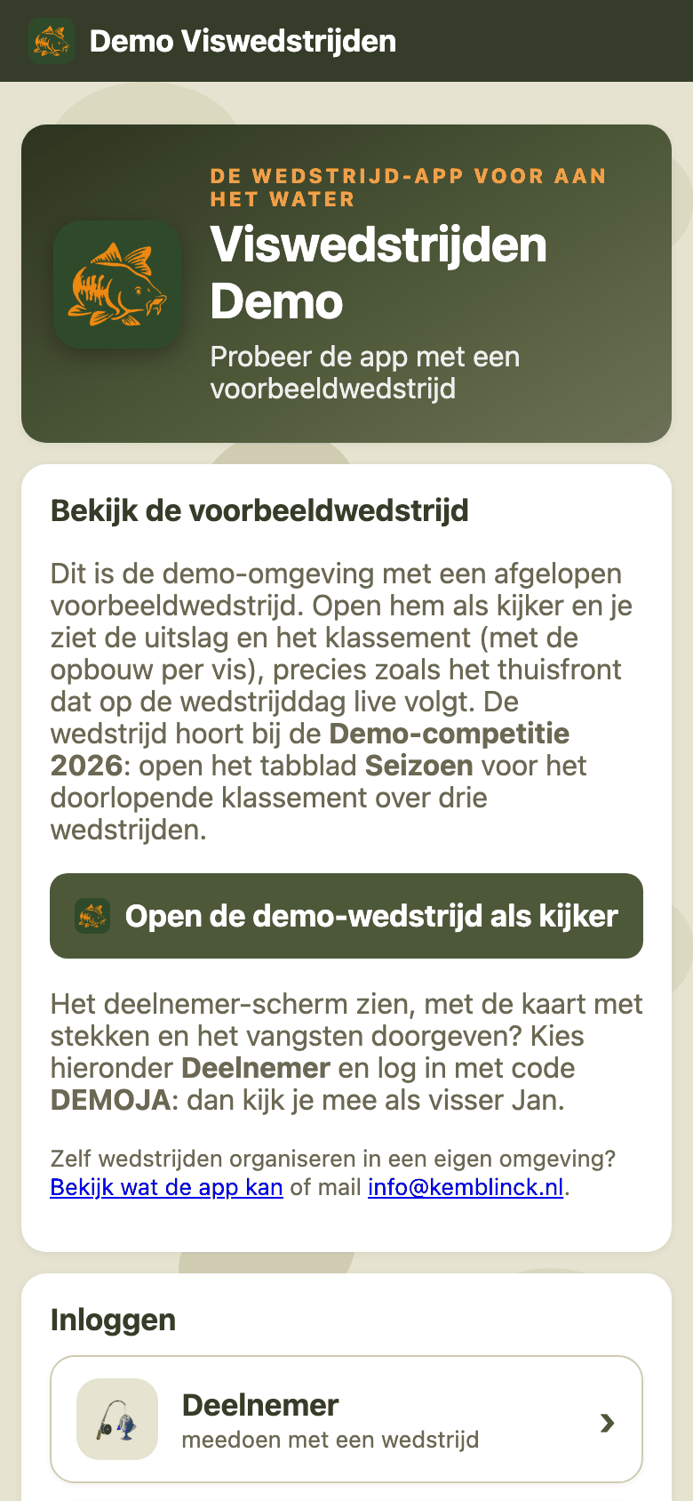 Het startscherm: inloggen als deelnemer, kijker of organisator