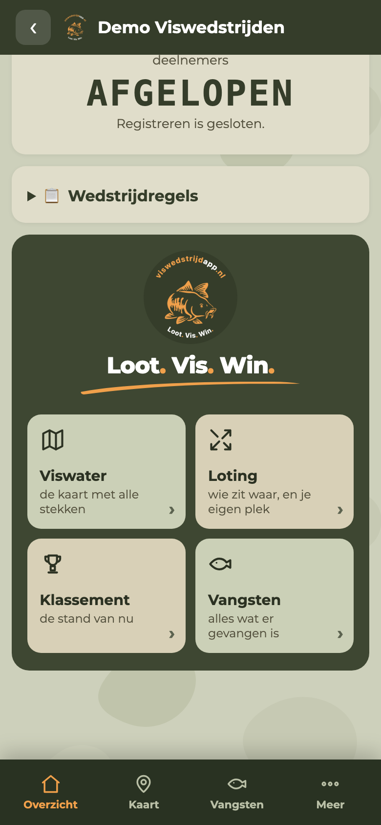 Het startscherm van een wedstrijd in de app: vier tegels voor viswater, loting, klassement en vangsten, met onderin een vaste navigatiebalk
